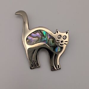 Silver Tone Cat Brooch with Iridescent Abalone Shell Accent - Cat Jewelry Pin